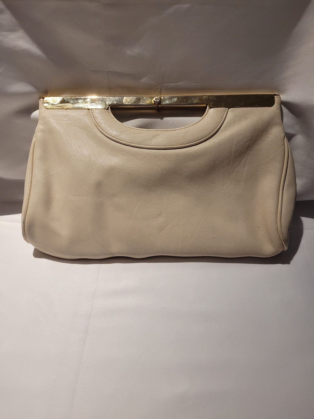 Vintage Letisse Cream Leather Clutch Bag Gold Metal Frame Top Handle